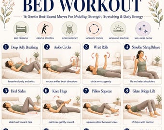 Bed Workout Printable, Gentle Bed Exercises PDF, Senior Mobility Routine, Low Impact Home Exercise Chart
