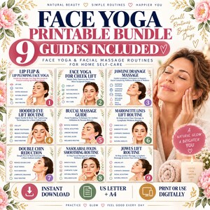 Op de afbeelding: Een digitaal printbaar pakket met negen gidsen voor gezichtsyoga en gezichtsmassage. De tekst bevat 'FACE YOGA PRINTABLE BUNDLE', '9 GUIDES INCLUDED' en specifieke routinetitels zoals 'Lip Flip', 'Cheek Lift' en 'Jawline Drainage Massage'.