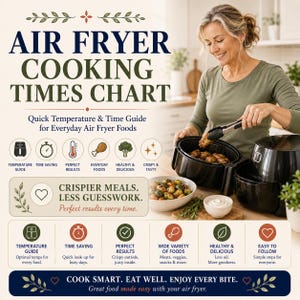 Peut inclure: Un tableau des temps de cuisson pour friteuse à air avec le texte AIR FRYER COOKING TIMES CHART, Quick Temperature & Time Guide for Everyday Air Fryer Foods, CRISPIER MEALS. LESS GUESSWORK., et COOK SMART. EAT WELL. ENJOY EVERY BITE.