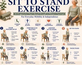 May include: A digital instructional poster titled SIT TO STAND EXERCISE featuring 16 progressive chair-based strength and balance exercises. The chart includes numbered illustrations of a person performing movements, descriptive text, and icons.