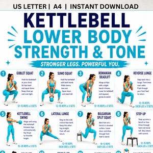 Puede incluir: Un póster de entrenamiento digital titulado KETTLEBELL LOWER BODY STRENGTH & TONE. Incluye ocho ilustraciones numeradas de ejercicios como sentadillas, peso muerto, estocadas y subidas al banco, junto con textos instructivos.
