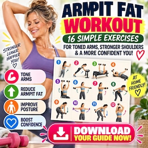 Op de afbeelding: Een digitale trainingsgids getiteld ARMPIT FAT WORKOUT met 16 eenvoudige oefeningen voor strakke armen en schouders. De afbeelding bevat een genummerd raster van 12 illustraties met oefeningen, fitnesspictogrammen en een downloadknop.
