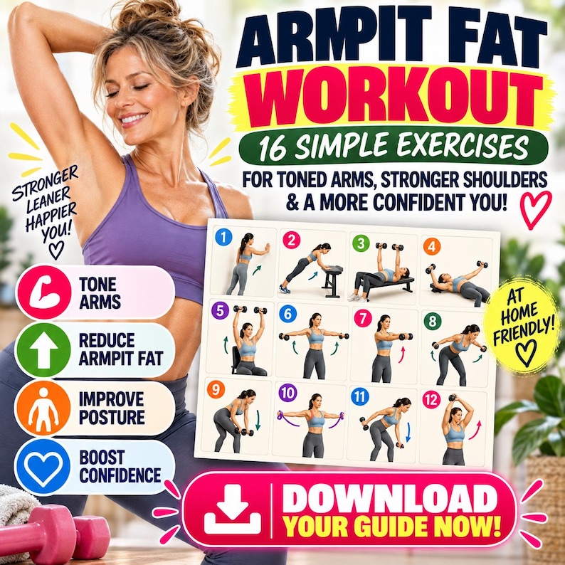 Op de afbeelding: Een digitale trainingsgids getiteld ARMPIT FAT WORKOUT met 16 eenvoudige oefeningen voor strakke armen en schouders. De afbeelding bevat een genummerd raster van 12 illustraties met oefeningen, fitnesspictogrammen en een downloadknop.