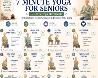 Yoga di 7 minuti per anziani (stampabile), esercizi di yoga da seduti in PDF, routine di flessibilità ed equilibrio per anziani