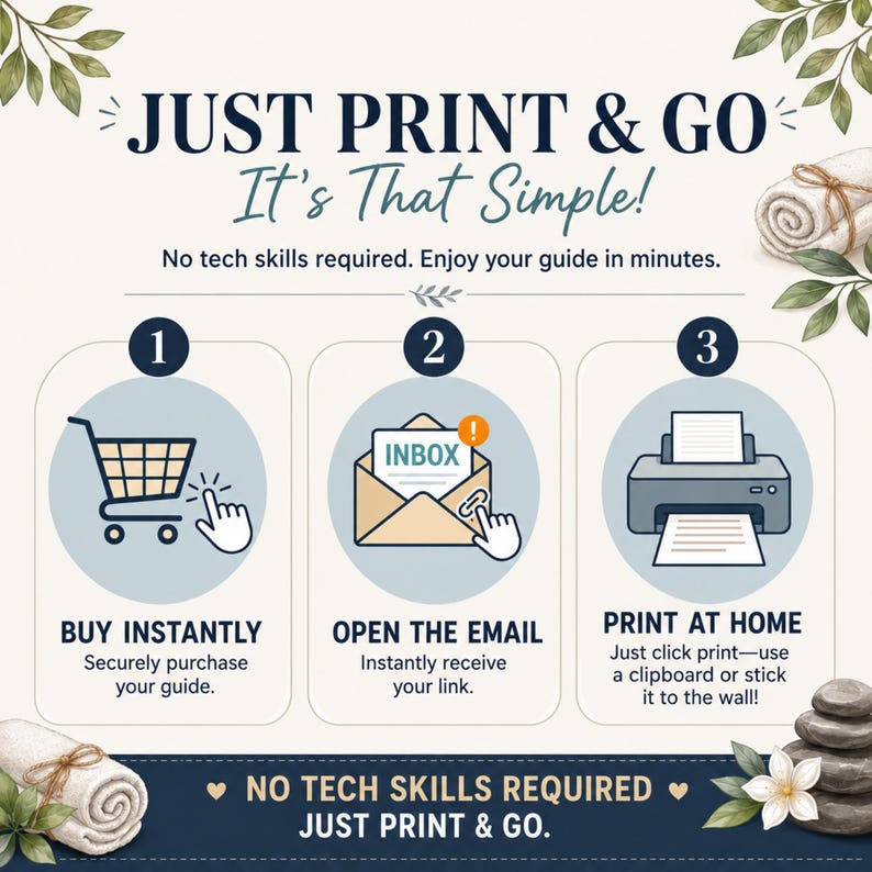 May include: An instructional graphic titled JUST PRINT & GO It's That Simple! featuring three steps: 1. BUY INSTANTLY with a shopping cart icon, 2. OPEN THE EMAIL with an inbox icon, and 3. PRINT AT HOME with a printer icon, plus decorative leaves and towels.