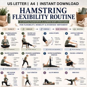 May include: A digital instructional chart titled Hamstring Flexibility Routine featuring 16 gentle lower-body stretches. The document includes numbered illustrations of exercises like diaphragmatic breathing, leg extensions, and various stretches with text instructions.