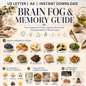 May include: A digital guide titled BRAIN FOG & MEMORY GUIDE with sections on brain-supportive foods like blueberries, salmon, eggs, walnuts, avocado, leafy greens, olive oil, pumpkin seeds, dark chocolate, oats, green tea, and turmeric.