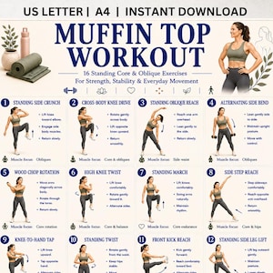 May include: A digital workout guide titled Muffin Top Workout featuring 16 standing core and oblique exercises. The chart includes numbered illustrations of a person performing movements like side crunches, twists, and reaches with text instructions.