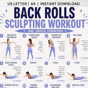 Könnte beinhalten: Ein digitaler Trainingsleitfaden mit dem Titel BACK ROLLS SCULPTING WORKOUT und dem Untertitel TONE. SMOOTH. STRENGTHEN. Die Übersicht zeigt zwölf nummerierte Übungsschritte mit einer Person in blauer Sportkleidung, die Bewegungen wie Armkreisen, Wandengel und Übungen in Bauchlage mit schriftlichen Anleitungen demonstriert.