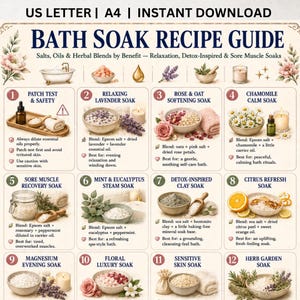 Receptguide för badvatten att skriva ut, recept för gör-det-själv-badvatten i PDF-format, referenstabell för Epsomsalt och örtbad