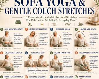 Sofa Yoga für Senioren zum Ausdrucken, PDF, Sanfte Couch Dehnungen, Anleitung zur Entspannung und Beweglichkeit im Sitzen