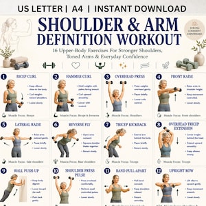 May include: A digital workout chart titled Shoulder & Arm Definition Workout, featuring 16 upper-body exercises with illustrations of a person performing movements, instructional text, and muscle focus labels for each numbered step.