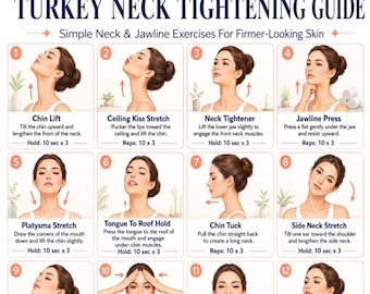 Utskrivbar guide för åtstramning av kalkonhals, PDF-övningar för nacke och käklinje, ansiktsyoga-rutin, hälsoschema för käklinjelyft
