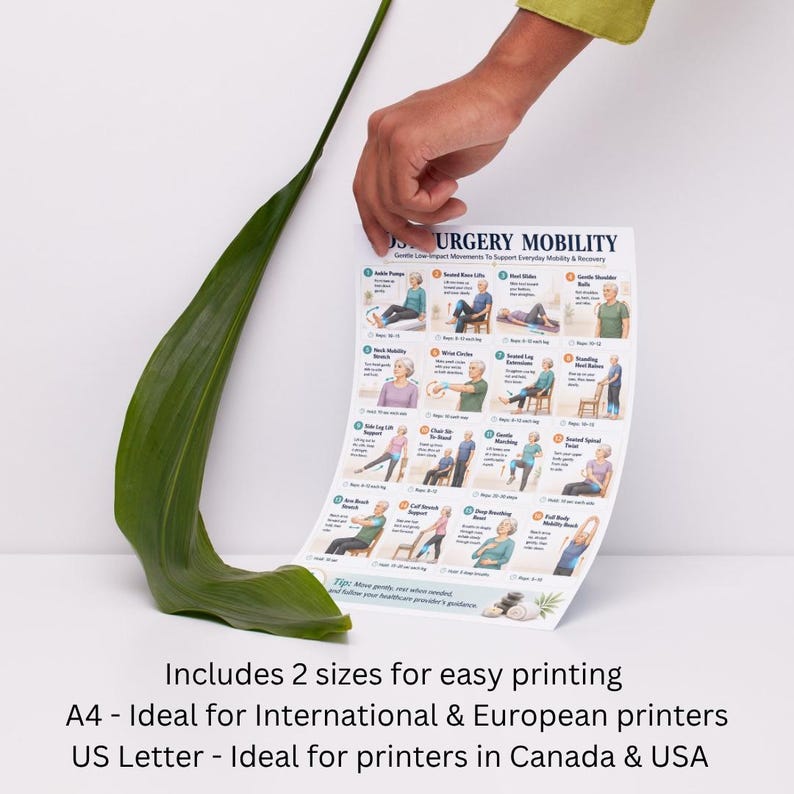 May include: A poster titled "Surgery Mobility" with illustrations of exercises for recovery. The poster is held by a person's hand, with a large green leaf in the foreground. Text at the bottom indicates two print sizes.