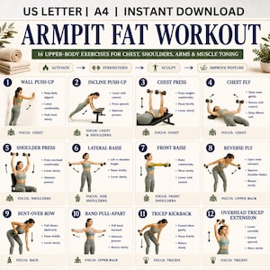 Op de afbeelding: Een trainingsschema getiteld Armpit Fat Workout met 16 oefeningen voor het bovenlichaam, borst, schouders en armen. De poster bevat genummerde illustraties van een persoon die de bewegingen uitvoert, beschikbaar in US Letter en A4-formaat.
