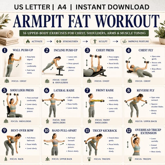 Armpit Fat Workout Printable, Chest and Shoulder Exercises, Upper Body Toning Chart PDF