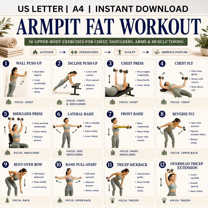 Op de afbeelding: Een trainingsschema getiteld Armpit Fat Workout met 16 oefeningen voor het bovenlichaam, borst, schouders en armen. De poster bevat genummerde illustraties van een persoon die de bewegingen uitvoert, beschikbaar in US Letter en A4-formaat.