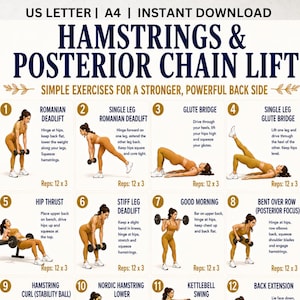 Può includere: Una tabella di esercizi digitale intitolata Hamstrings & Posterior Chain Lift con dodici illustrazioni numerate di una persona in abbigliamento sportivo color senape che esegue vari movimenti di forza con manubri e bilancieri.