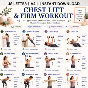May include: A digital workout guide titled CHEST LIFT & FIRM WORKOUT featuring 16 upper-body exercises. The layout includes numbered steps with illustrations of a person performing movements like push-ups, presses, and raises, plus text instructions.