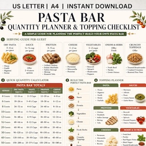 Pasta Bar Quantity Planner and Topping Checklist, Printable Party PDF