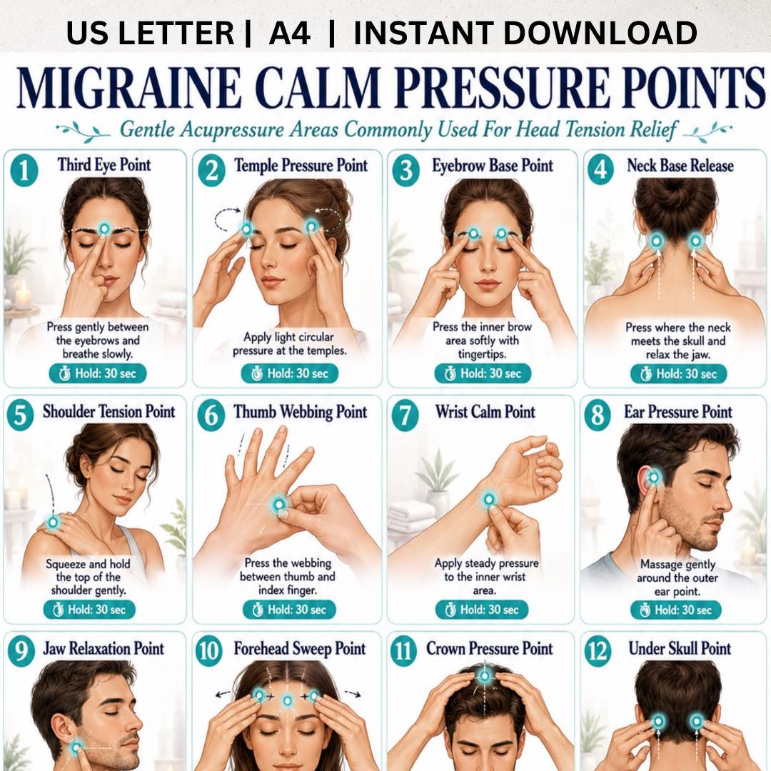 Calming Point Migraine Calm Pressure Points Printable, Headache Relief Acupressure ...