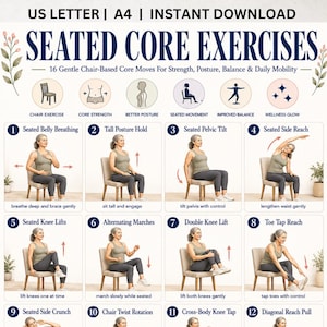 May include: A digital chart titled SEATED CORE EXERCISES featuring 16 gentle chair-based moves for strength, posture, balance, and daily mobility. The layout includes icons, numbered steps with illustrations of a person on a chair, and text.