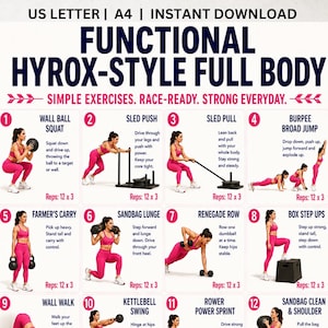 Puede incluir: Una guía de entrenamiento digital titulada FUNCTIONAL HYROX-STYLE FULL BODY con doce ilustraciones de ejercicios numeradas. Cada sección muestra a una persona con ropa deportiva rosa realizando movimientos como empuje de trineo.