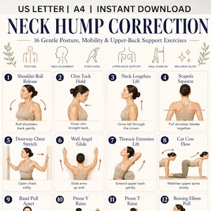May include: A digital instructional chart titled NECK HUMP CORRECTION featuring 16 gentle posture, mobility, and upper-back support exercises. The layout includes numbered steps with illustrations of a person in a beige top demonstrating movements.