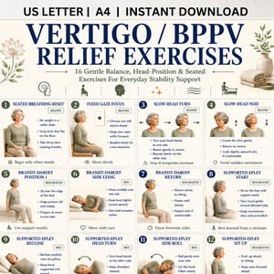Może przedstawiać: Tabela informacyjna zatytułowana Vertigo / BPPV Relief Exercises, zawierająca 16 ponumerowanych kroków z ilustracjami osoby wykonującej ćwiczenia w pozycji siedzącej, ćwiczenia głowy oraz ćwiczenia w łóżku. Dokument zawiera instrukcje tekstowe.