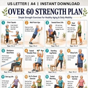 May include: A digital exercise guide titled OVER 60 STRENGTH PLAN featuring twelve numbered illustrations of individuals performing strength exercises like chair squats, wall push-ups, and bicep curls with text instructions for each movement.