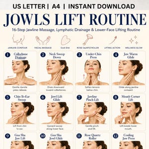 Puede incluir: Una guía digital titulada JOWLS LIFT ROUTINE que muestra 16 pasos para el masaje de la mandíbula y el drenaje linfático. Incluye ilustraciones de técnicas de masaje facial, una herramienta gua sha y un rodillo de cuarzo rosa para elevar.