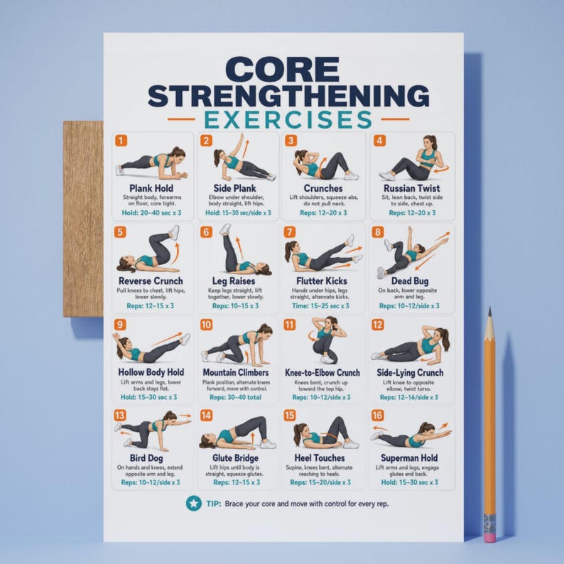 Core Strengthening Exercise Chart Abs Workout Printable Poster, No ...