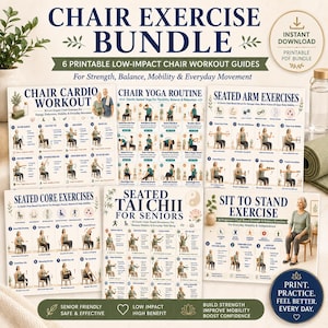 Puede incluir: Un paquete digital de seis guías de ejercicios imprimibles con rutinas en silla. La colección incluye ejercicios de cardio, yoga, brazos, core, tai chi y movimientos de sentarse a levantarse, todos con instrucciones ilustradas.