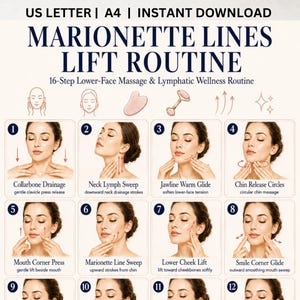 Pode incluir: Um guia intitulado "Marionette Lines Lift Routine" com 16 passos para massagem facial inferior e bem-estar linfático. O guia inclui ilustrações que demonstram técnicas como drenagem da clavícula, varredura linfática do pescoço e deslizamento quente da mandíbula.