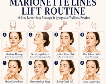 Marionette Lines Lift Routine zum Ausdrucken, Massage Tabelle für das untere Gesicht, Gesichts Yoga Anleitung, Lymphdrainage, Wand Kunst PDF