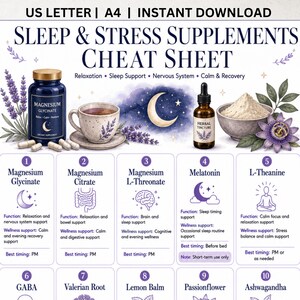 May include: A digital cheat sheet titled Sleep & Stress Supplements Cheat Sheet featuring illustrations of a magnesium supplement bottle, a tea cup, a crescent moon, a herbal tincture, and a bowl of powder, with a numbered list of ten supplements.