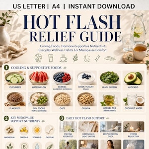 May include: A guide titled "HOT FLASH RELIEF GUIDE" with sections on cooling foods, nutrients, and habits for menopause comfort. Includes images of foods like cucumber, watermelon, berries, and avocado, along with tips for daily support.