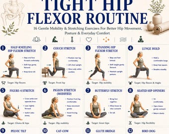 Tight Hip Flexor Stretch Routine Printable, Hip Mobility Exercises PDF, Hip Flexor Stretches & Flexibility Workout Guide