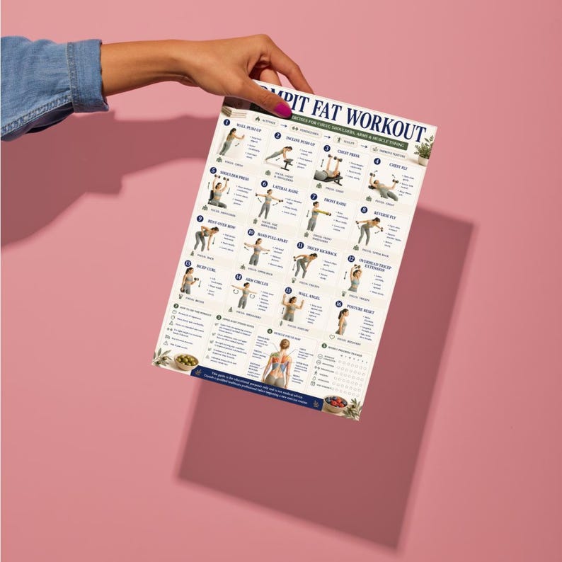 Op de afbeelding: Een witte trainingskaart getiteld ARMPIT FAT WORKOUT met zestien genummerde oefenillustraties met tekstbeschrijvingen voor borst, schouders en armen. De poster bevat een wekelijkse voortgangstracker en instructiepictogrammen op een cr&egrave;mekleurige achtergrond.