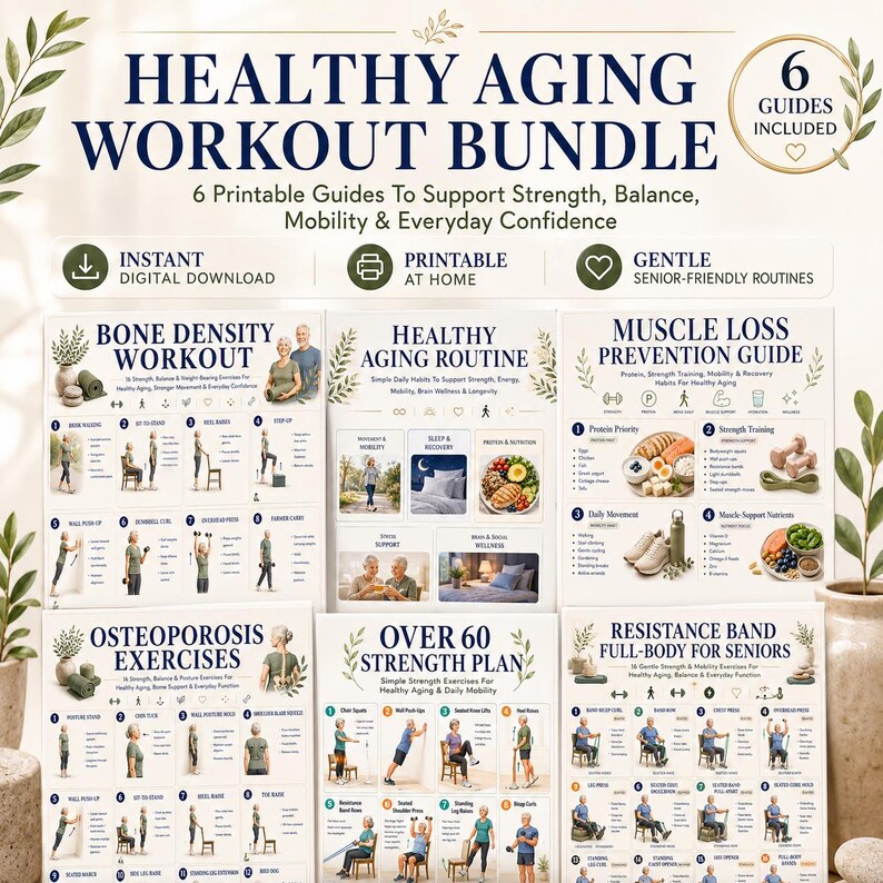 May include: A digital bundle of six printable workout guides titled Healthy Aging Workout Bundle, featuring routines for bone density, muscle loss prevention, osteoporosis, and strength training with resistance bands, all designed for seniors.
