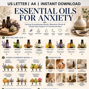 Puede incluir: Un gráfico informativo titulado ESSENTIAL OILS FOR ANXIETY que presenta una lista de aceites como lavanda, bergamota e incienso, junto con recetas de mezclas y métodos de uso que incluyen difusores, aceites y baños.