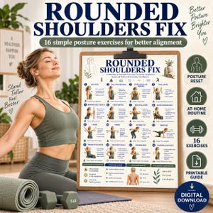 Peut inclure: Un presse-papier présentant une affiche intitulée Rounded Shoulders Fix, illustrant 16 exercices de mobilité et de renforcement pour l'alignement postural. L'affiche comprend des instructions numérotées, des notes et une section de focus.