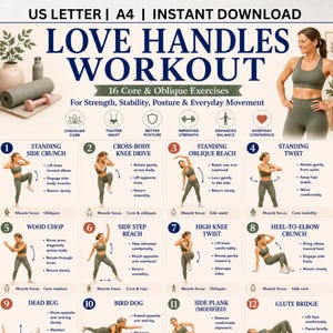 Op de afbeelding: Een digitaal trainingsschema getiteld LOVE HANDLES WORKOUT met 16 oefeningen voor de core en schuine buikspieren. De lay-out bevat genummerde illustraties van een persoon die bewegingen uitvoert, vergezeld van tekstuele instructies.