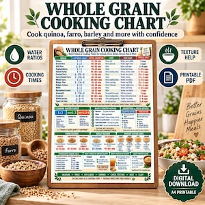 Könnte beinhalten: Ein Holz-Klemmbrett mit einer Kochtabelle für Vollkornprodukte, die Wasserverhältnisse, Kochzeiten und Zubereitungshinweise für Getreide wie Quinoa, Dinkel und Gerste in einem übersichtlichen Rasterformat darstellt.