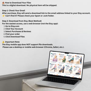 May include: A laptop displaying exercise illustrations sits on a light-colored surface. Text on the screen shows various exercises. Instructions on how to download digital files from Etsy are also visible.