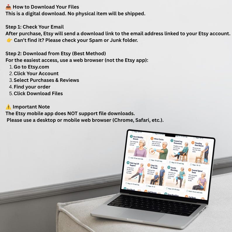 May include: A laptop displaying exercise illustrations sits on a light-colored surface. Text on the screen shows various exercises. Instructions on how to download digital files from Etsy are also visible.