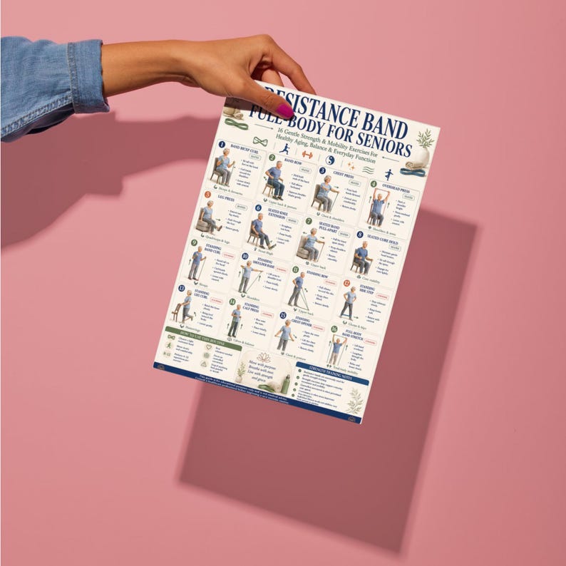 May include: A white rectangular instructional poster titled Resistance Band Full Body for Seniors, featuring sixteen numbered illustrations of exercise movements with text descriptions, blue headings, and small green botanical accents.