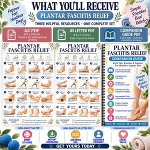 May include: A digital set for plantar fasciitis relief including an A4 PDF, a US Letter PDF measuring 8.5 x 11 inches, and a companion guide PDF. The documents feature 16 illustrated foot stretches, massage moves, and heel-comfort exercises.