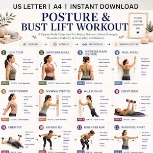 Könnte beinhalten: Ein digitaler Trainingsleitfaden mit dem Titel Posture & Bust Lift Workout, der 12 nummerierte Übungen für den Oberkörper mit Illustrationen und Anleitungen zeigt. Das Dokument enthält Formate für US Letter und A4 sowie 16 Übungen.