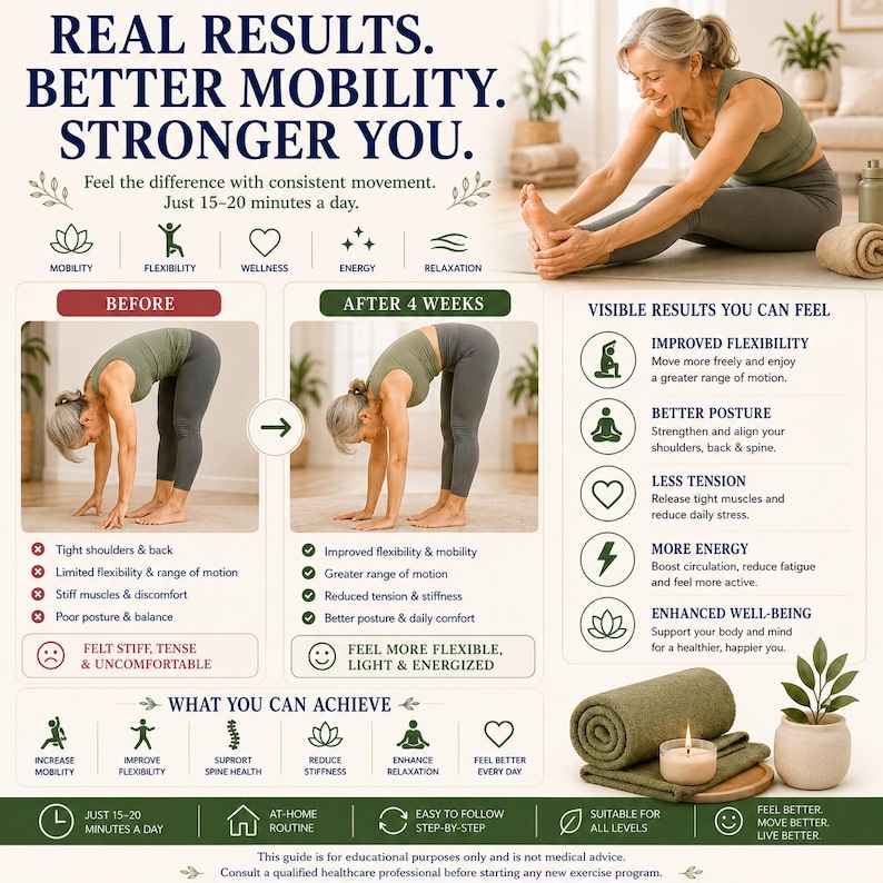 K&ouml;nnte beinhalten: Eine informative Grafik mit dem Titel Real Results. Better Mobility. Stronger You. mit Text, Symbolen und Fotos einer Person bei Yoga-Dehn&uuml;bungen. Sie enth&auml;lt Vorher-Nachher-Vergleiche, eine Liste der Vorteile sowie ein zusammengerolltes gr&uuml;nes Handtuch mit einer Kerze.